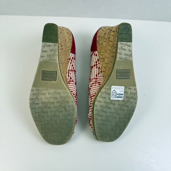 TOMS Peep Toe Heels Wedge Espadrille‎ Red White Women's 8.5 Slip On Casual Shoes - Picture 6 of 6